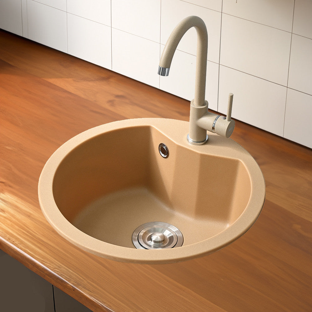 Dorin rundes Granit-Einzelwaschbecken mit Siphon beige Sekundäres Bild