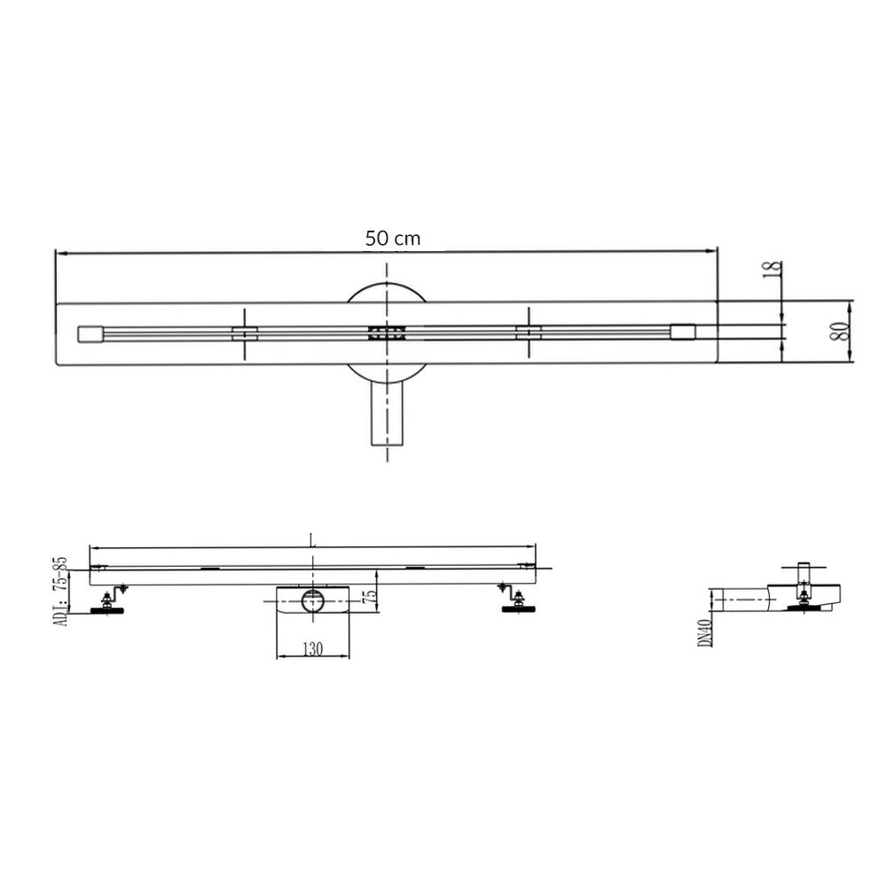 Fürdőszobai zuhanyfolyóka méretábra 50 cm hosszúsággal és 80 mm szélességgel - Homelux, L01-50