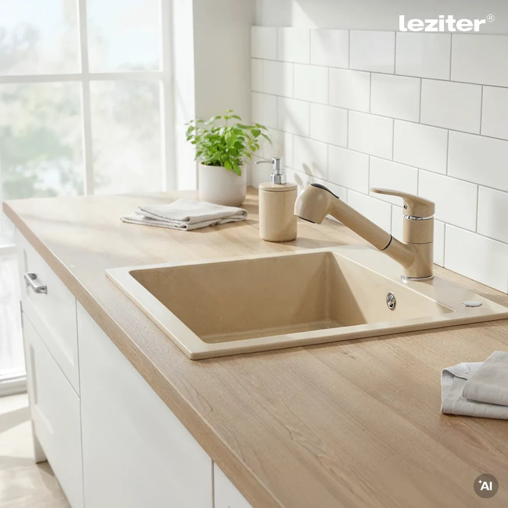 Nia quadratischer Einzelwaschtisch aus Granit mit Siphon beige Sekundäres Bild