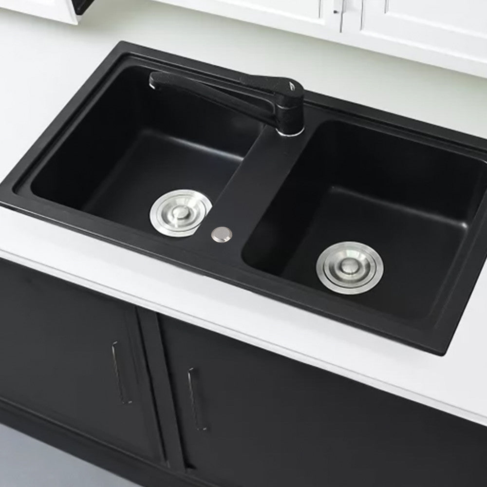 Tia quadratisches Waschbecken mit zwei Becken aus Granit mit Siphon schwarz Sekundäres Bild