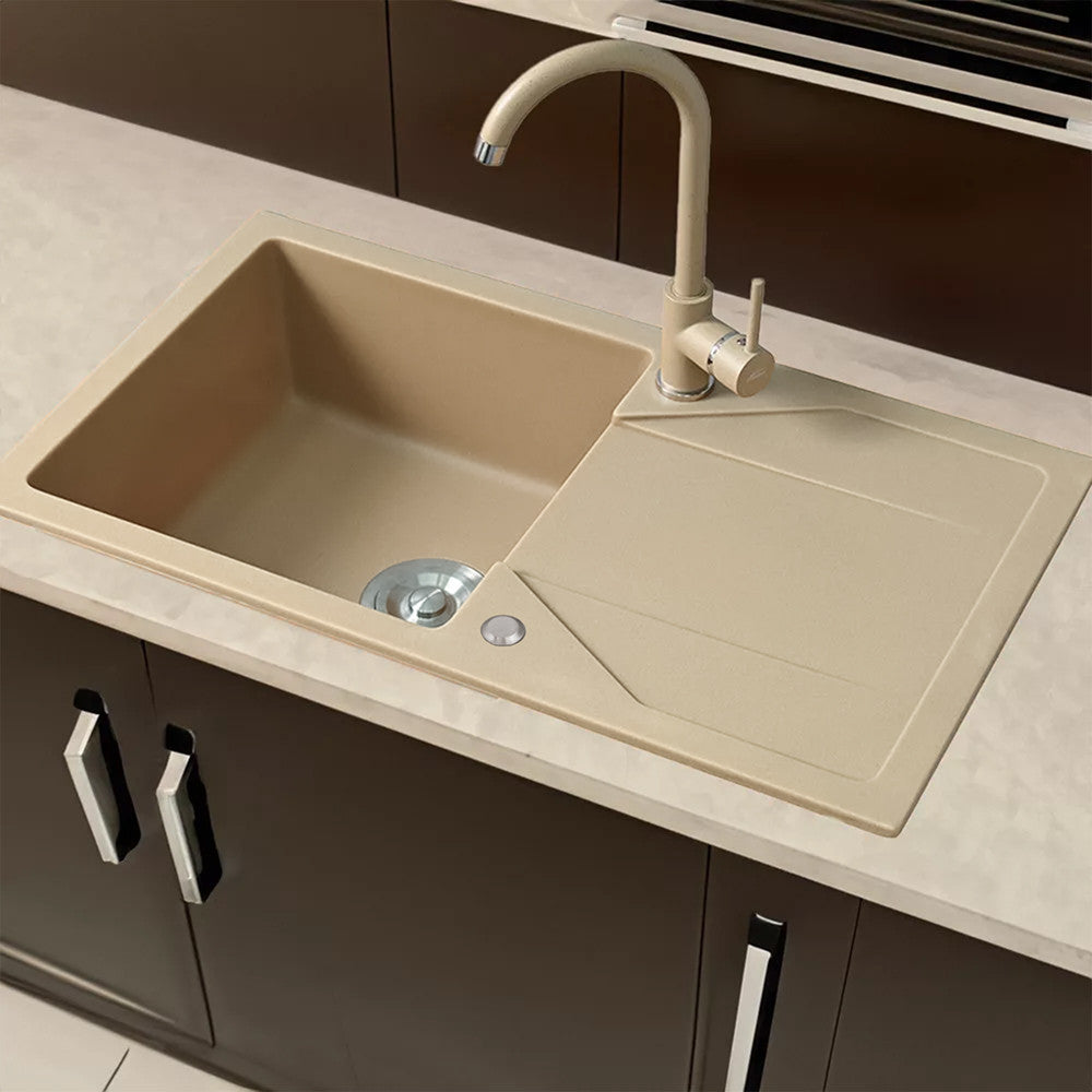 Gori quadratisches Einzelwaschbecken + Abtropffläche aus Granit mit Siphon beige Sekundäres Bild